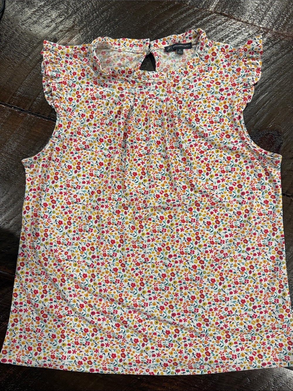Adrianna Papell Short Sleeve Ruffle Mock Neck Floral Blouse White & Multicolor